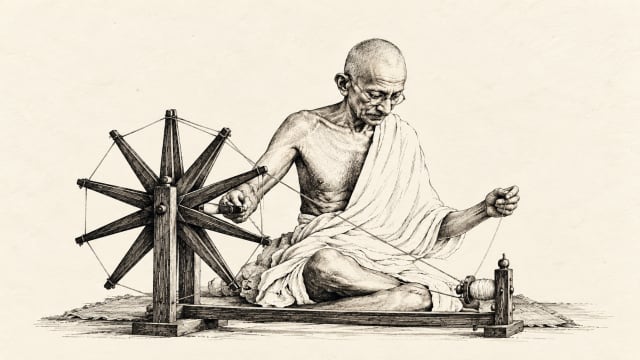 Mahatma Gandhi spinning yarn on a traditional charkha, rendered as a minimalist vintage ink sketch on textured paper.