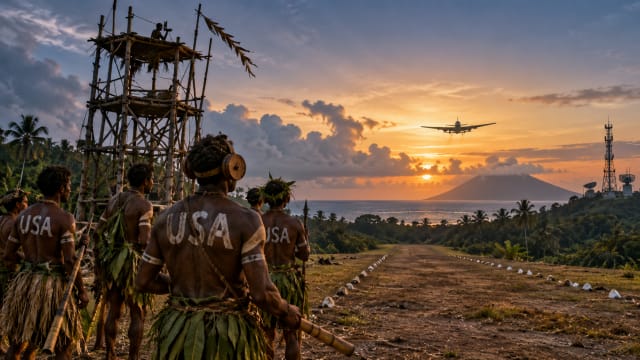 John Frum cargo cult on Tanna Island, Vanuatu, with islanders beside a wooden watchtower watching a military aircraft approach over a tropical airstrip at sunset.