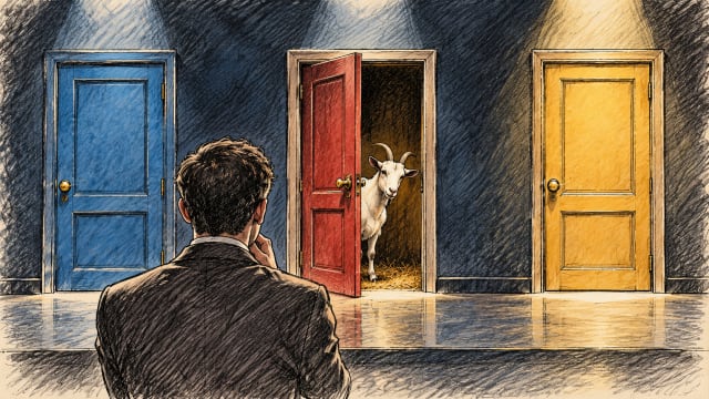 Hand-drawn illustration of the Monty Hall paradox featuring a contestant facing three coloured doors, with a goat revealed behind the open centre door, symbolising probability, conditional information and counterintuitive decision-making.