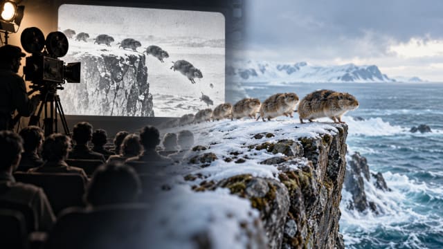 Lemmings on a snowy Arctic cliff beside a vintage film projection illustrating the staged Disney White Wilderness lemming suicide myth and the power of visual misinformation.