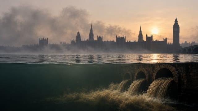 The Great Stink of London in 1858, showing the polluted River Thames beneath the hazy Palace of Westminster and Victorian-era sewer outlets discharging wastewater, illustrating how a public health crisis prompted modern sanitation reform.