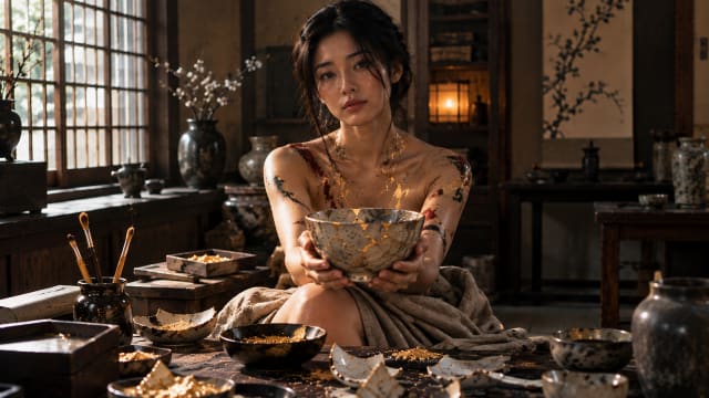 A Japanese woman sits gracefully in a traditional pottery studio, holding a cracked ceramic bowl repaired with gleaming gold kintsugi, with artistic gold, crimson and indigo markings across her shoulders and arms, warm amber lantern light, shoji screens, scattered pottery fragments and cinematic 16:9 composition.