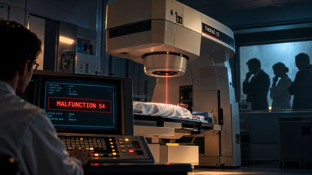 A cinematic Therac-25 radiation therapy machine in a hospital treatment room, displaying “MALFUNCTION 54” on its control console, illustrating the fatal software failures, missing hardware safeguards and ethical responsibility behind the Therac-25 radiation overdoses of 1985–1987.