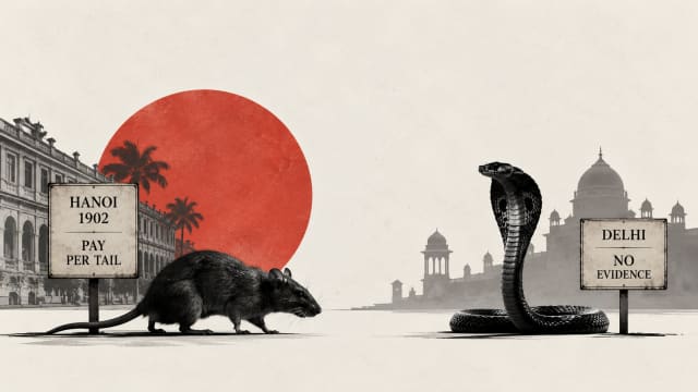 Minimalist editorial illustration of a rat in colonial Hanoi in 1902 beside a cobra representing the disputed cobra effect in Delhi, with vintage architecture and contrasting signs highlighting the difference between documented history and an unverified legend.