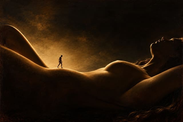 Monumental reclining female silhouette illuminated by warm golden light, with a tiny male figure walking across her waist, rendered in a dramatic chiaroscuro style against a dark, textured background.