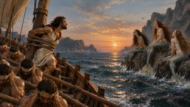 Odysseus bound to the mast of an ancient Greek ship strains toward the enchanting song of three mermaid Sirens with shimmering fish tails perched on rocky cliffs at sunset, while his crew rows past with ears plugged with wax. A classical oil painting featuring realistic anatomy, golden twilight, turbulent blue-green waves and dramatic mythological atmosphere, inspired by Homer’s *Odyssey*.