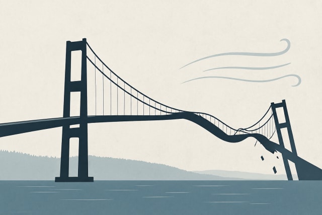 Minimalist illustration of the 1940 Tacoma Narrows Bridge collapse in Washington, showing a suspension bridge twisting in strong winds over water.