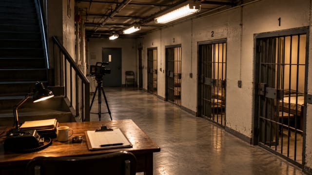 A mock prison in a university basement in 1971 with a row of barred doors, a clipboard resting on a desk at the foot of the stairs and a camera aimed down the corridor.