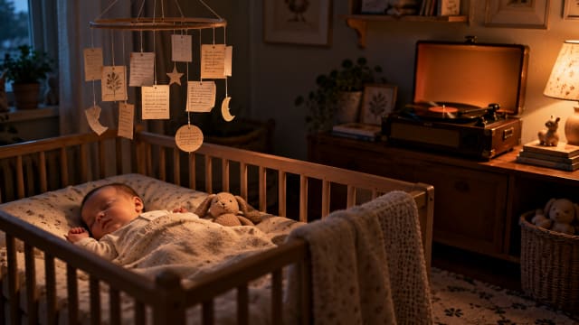 A baby asleep in a cot under a mobile of tiny paper notes, with an old record player glowing softly in the corner of the nursery.