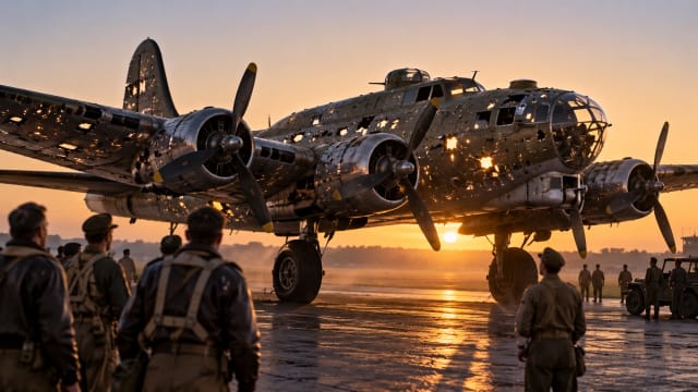 A returning wartime bomber on an airfield at dawn, its wings and fuselage pocked with small bright holes while its engines gleam untouched.