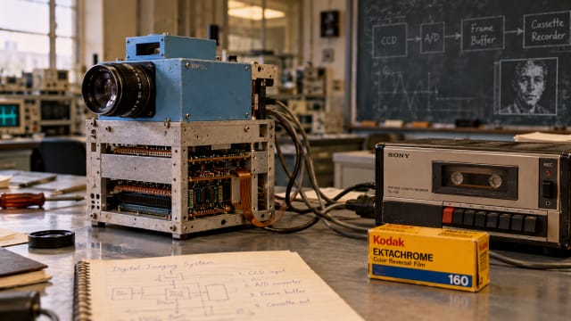 A boxy prototype camera of the 1970s with trailing cables and a cassette recorder sits on a laboratory bench beside a yellow film box.
