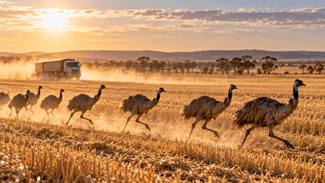 A dusty wheat field in Western Australia with a line of tall emus scattering across the stubble while a distant truck raises a plume of dust.