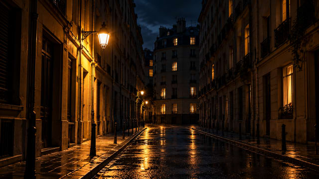 A narrow city street at night, lit by a single lamp, with rows of dark apartment windows rising above an empty pavement.