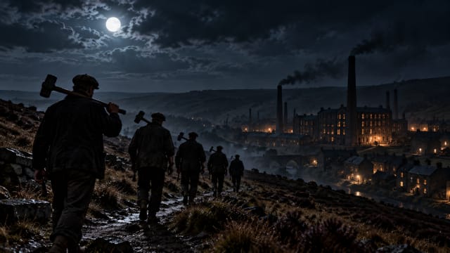 Moonlit moorland above a Yorkshire mill town, where a line of men with hammers walks toward the dark shape of a factory.