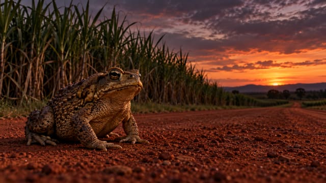 A single large cane toad sitting on a red Queensland road at dusk, with tall sugar cane rising in the background.