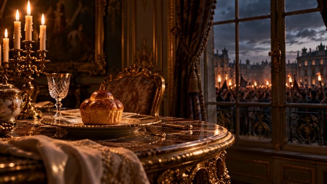 A gilded palace table in candlelight, set with a single untouched brioche while a crowd gathers faintly at the window.