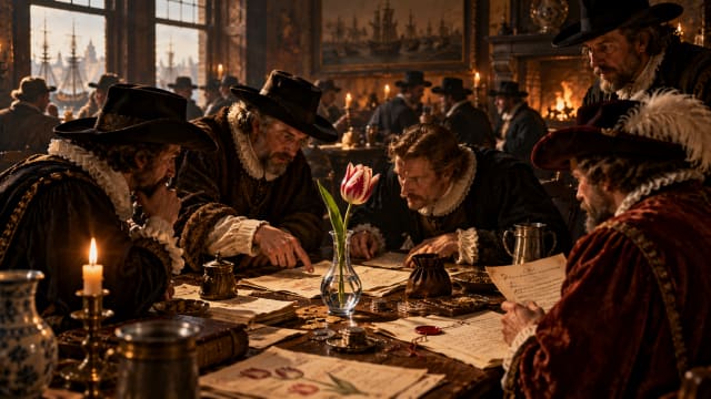 A seventeenth century Dutch tavern table crowded with merchants bending over papers, with a single streaked tulip in a glass vase at the centre.