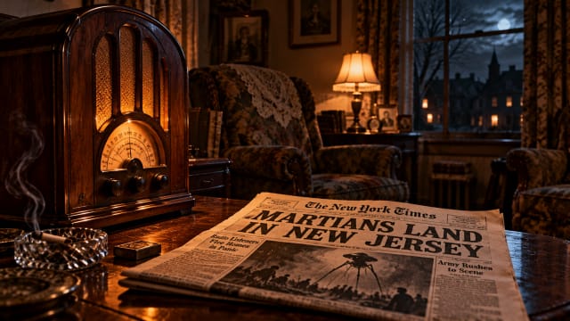 A 1930s living room lit by the glow of a large wooden radio, with a folded newspaper headline about Martians lying unread on the table.