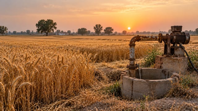 A golden wheat field in Punjab at harvest, with a dry borewell and a rusted pump standing at its edge under a pale evening sky.