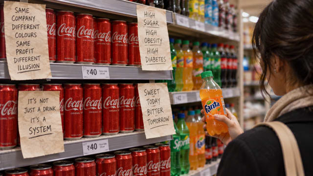 A supermarket shelf of red cans with handwritten protest notes taped beside them while a shopper hesitates over a single sweeter looking bottle.