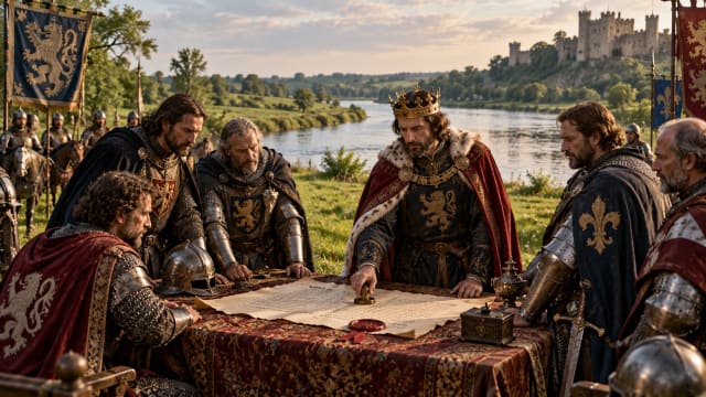 A green riverside meadow where armoured barons and a crowned king gather around a table holding a large parchment and a wax seal.