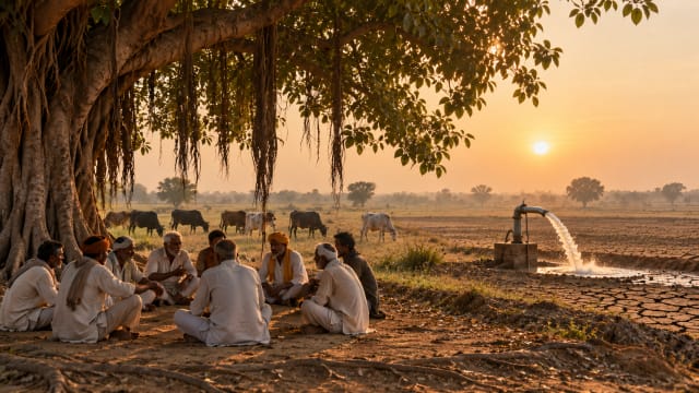 Village elders sit in a circle under a banyan tree at the edge of a grazing pasture while distant tube wells pump water from a cracked, thirsty plain.