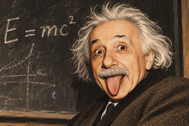 Illustrated portrait of Albert Einstein sticking out his tongue, with wild white hair and a playful expression against a chalkboard displaying E = mc².