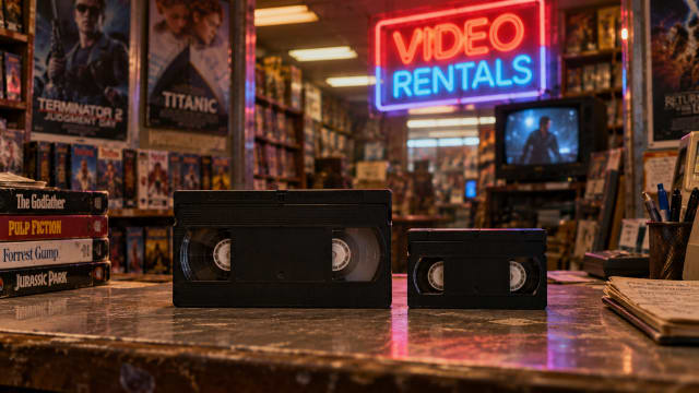 Two black video cassettes of different sizes rest side by side on a cluttered rental shop counter beneath a flickering neon sign.