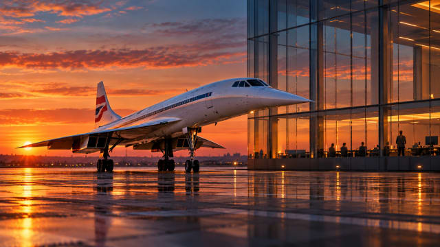 A slender white supersonic airliner sits on an empty runway at dusk while a ledger of rising figures glows on a screen in the terminal behind it.