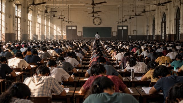 Thousands of young candidates in an Indian examination hall bend over papers under ceiling fans while a lone invigilator watches from the front.