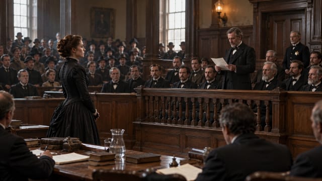 A solitary woman in a dark Victorian dress stands before a packed wooden courtroom as a jury foreman rises to read the verdict.