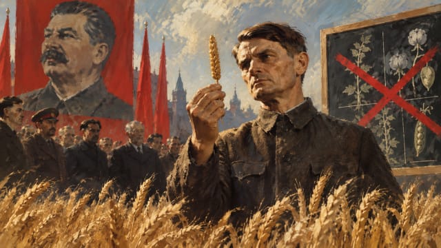 Soviet realist painting of Trofim Lysenko examining a wheat stalk beneath Stalin’s portrait, symbolising the suppression of Mendelian genetics and the politicisation of science in the Soviet Union.