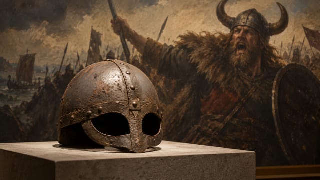 A plain rounded iron helmet with an eye guard resting on a museum plinth, while behind it a painted backdrop shows a roaring warrior in a horned helmet.