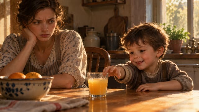 A mother watching her small son at a kitchen table over a glass of plain juice, her expression tense as though she already sees mischief beginning.
