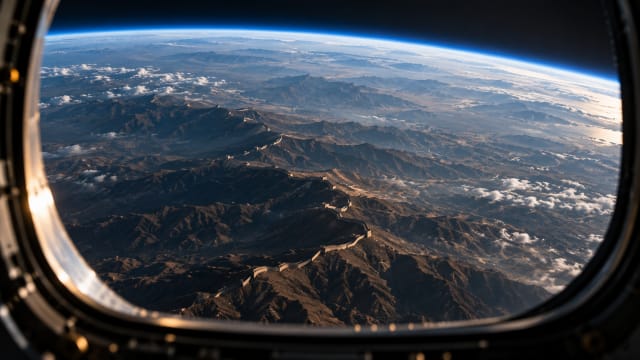 The curved edge of the Earth glows blue beneath a spacecraft window while a faint thread of wall winds across brown mountains far below.