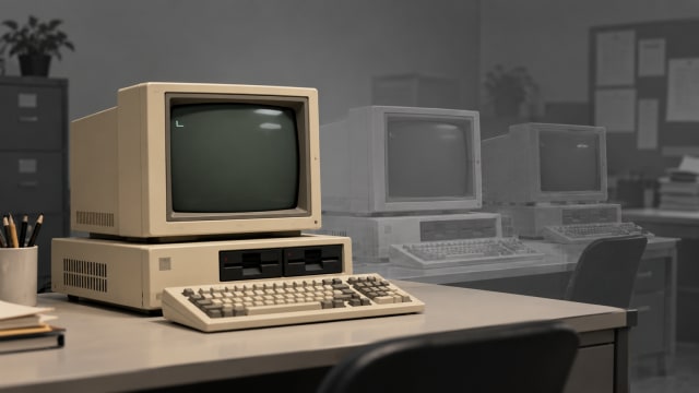 A beige desktop computer from the early 1980s sits on a plain desk while two ghostly copies of it fade into a grey office behind.
