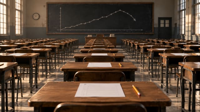 Rows of identical wooden desks and sharpened pencils stretch across an exam hall while a pale line chart climbs and then bends downward on a blackboard.