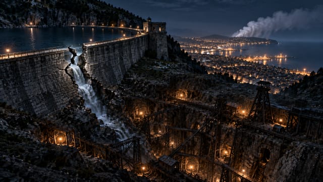 A stone reservoir wall cracks open at night above a tangle of old mine shafts, while far across the sea a pale cloud of gas drifts over the lit rooftops of a city.