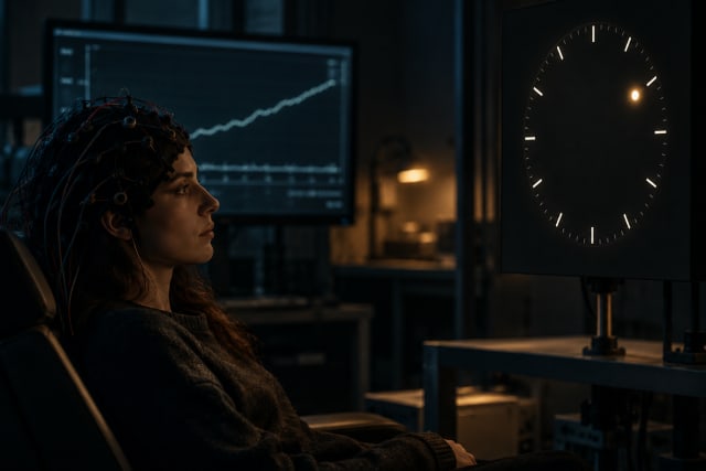 A volunteer in a dim laboratory watches a small spot of light circle a clock face while wires from a cap on the scalp trace a slow rising line on a screen behind.