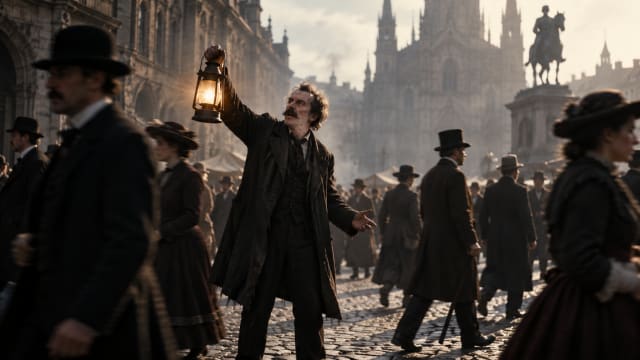 A man with a lit lantern stands in a crowded market square in full daylight while traders and shoppers turn to laugh at him.