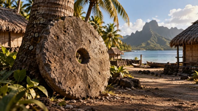 A large round limestone disc with a hole at its centre leans against a palm trunk in a village on a Pacific island.