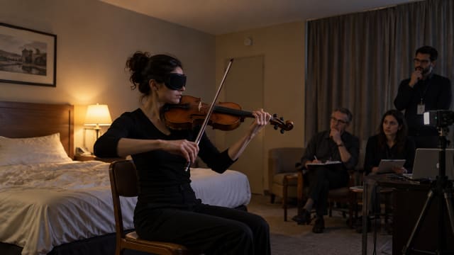 A soloist in darkened goggles draws a bow across a violin in a plain hotel room while researchers watch from a corner.