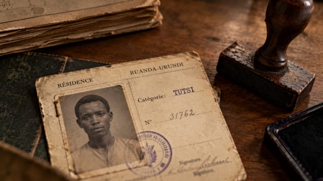 Worn colonial-era identity card from Rwanda-Urundi featuring a black-and-white portrait, a printed Tutsi ethnic classification, faded official stamp, and handwritten details on a weathered wooden desk, illustrating how colonial identity documents institutionalised ethnic categories in Rwanda.