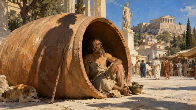 A large clay jar on its side in a sunlit Athenian square, with a bearded figure seated in its mouth and a tall shadow falling across him.