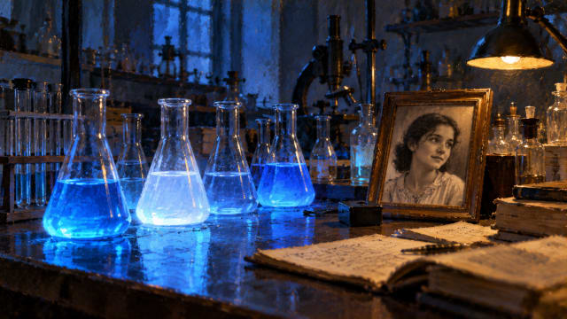 Rows of laboratory flasks glowing under blue light while a framed photograph of a young woman stands on the bench beside them.