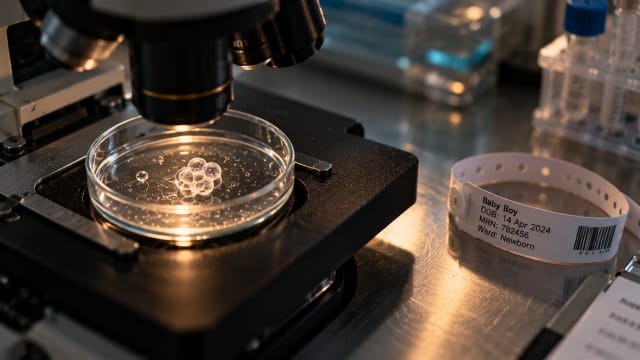A glass dish under a microscope with a tiny cluster of cells in focus and a newborn's hospital wristband lying beside it.