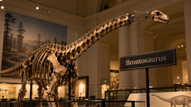 A museum skeleton of a long necked dinosaur with a small mismatched skull wired to its neck beneath a sign that reads Brontosaurus.