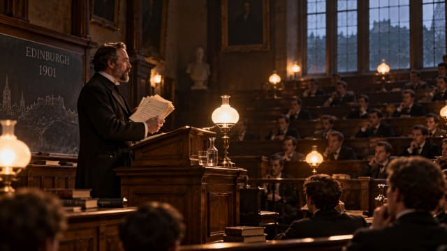 A lecture hall in Edinburgh in 1901 where a man at a lectern holds a pile of handwritten letters while the audience listens in the lamplight.