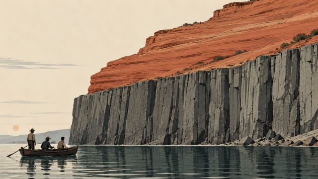 Three men in a small wooden boat at the foot of a cliff where grey upright rock layers meet gently sloping red sandstone above them.