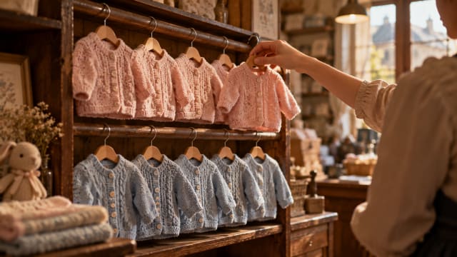 Two rows of tiny knitted baby jackets on a wooden rail, one pink and one blue, with a shop assistant's hand hesitating over which to hang first.